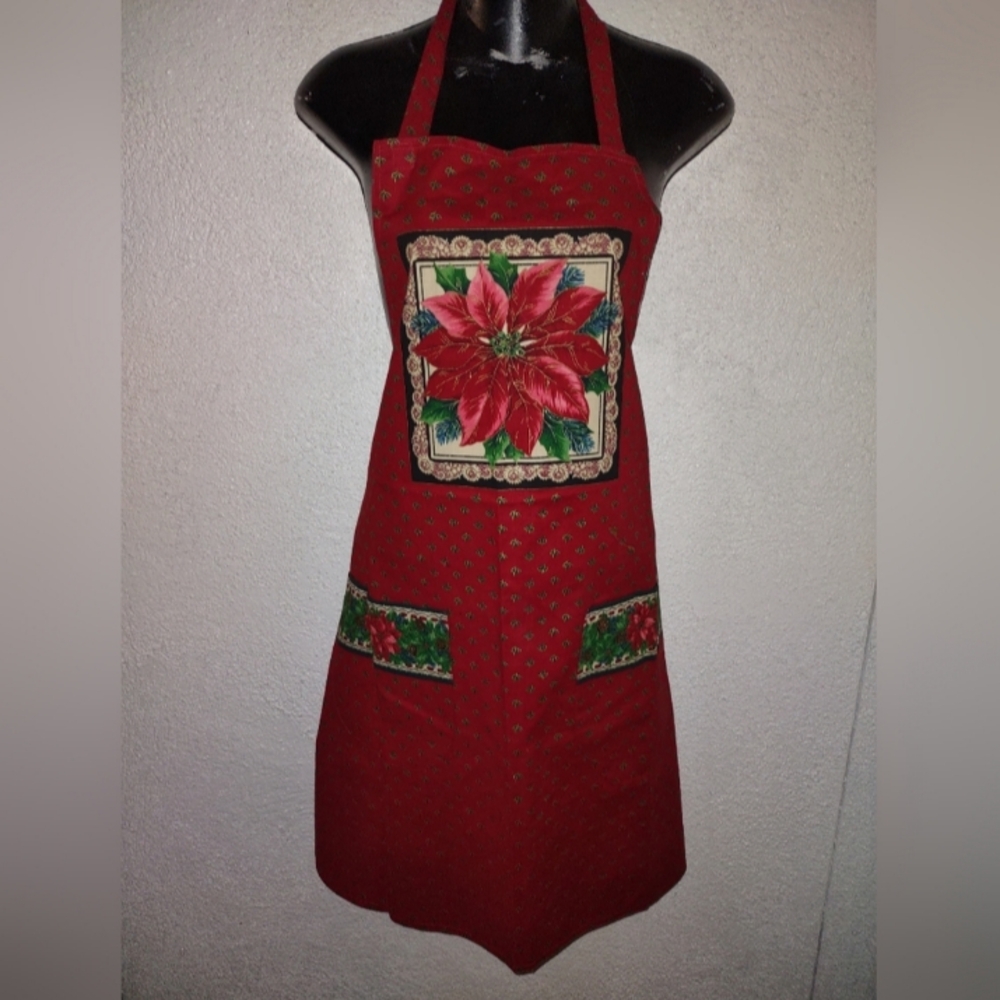 Handmade Red Poinsettia Apron Christmas Holiday Party Chef Cook Long Length